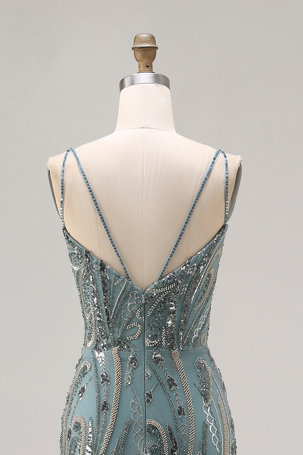 Sparkly Grey Green Beaded Spaghetti Straps Mermaid Prom Dress