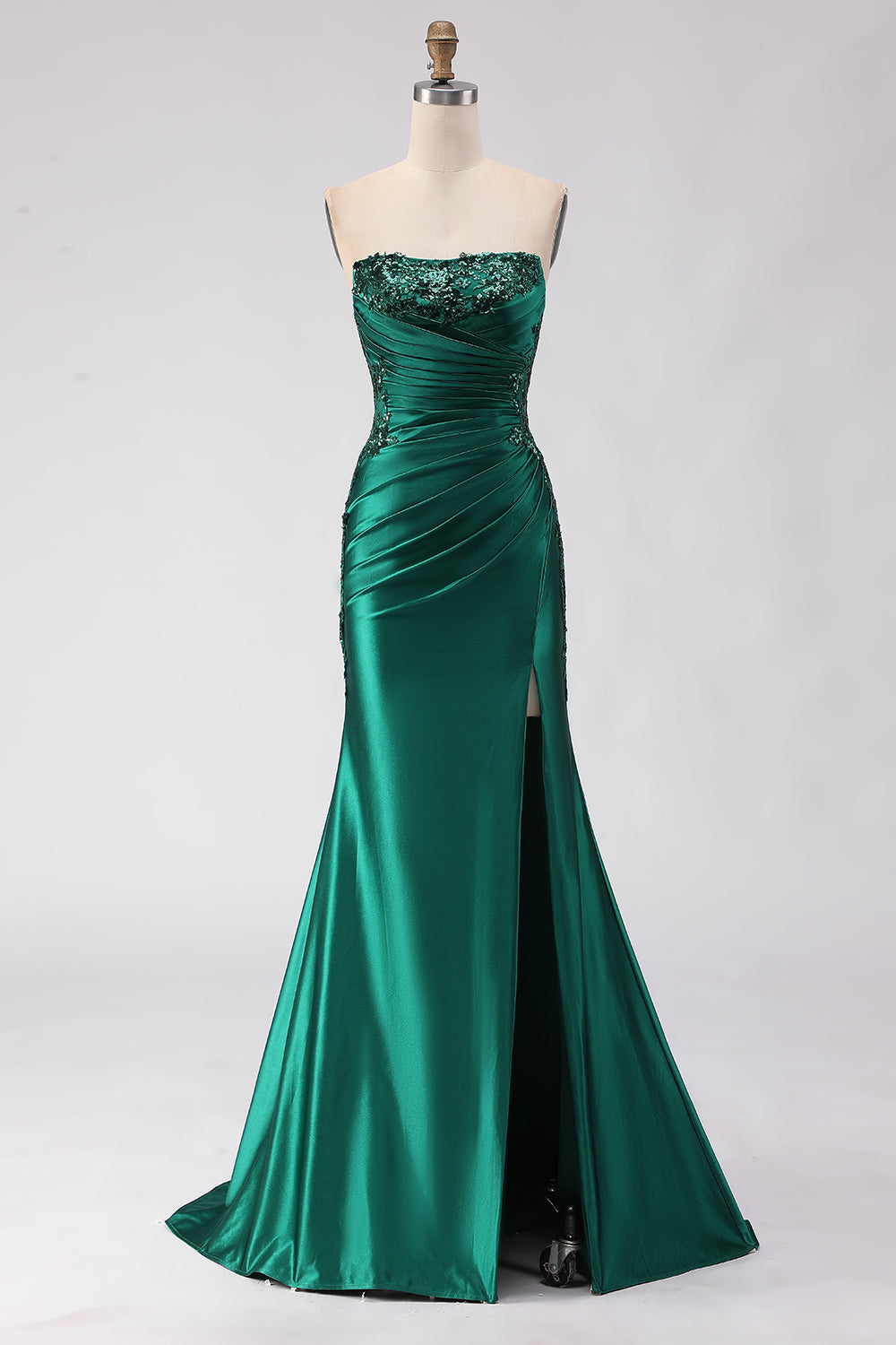 Dark Green Strapless Ruched Mermaid Sequin Prom Dress