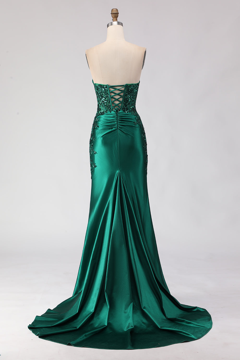 Dark Green Strapless Ruched Mermaid Sequin Prom Dress