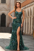 Sparkly Dark Green Mermaid Maxi Prom Dress with Slit