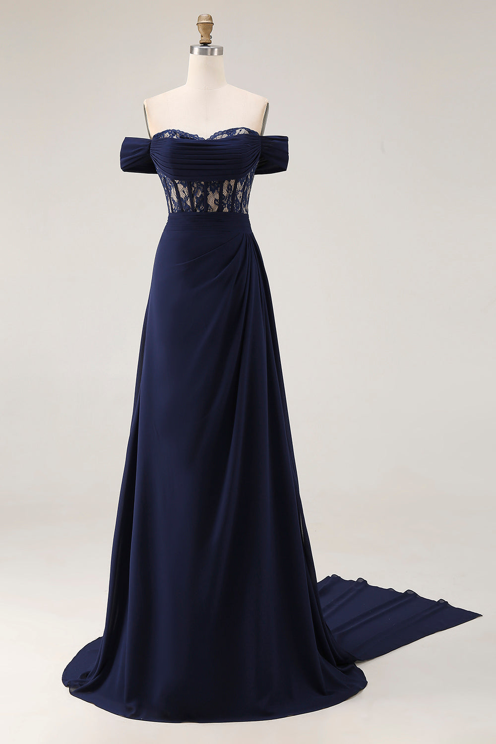 Off The Shoulder Navy Lace Ruched Corset Prom Dress