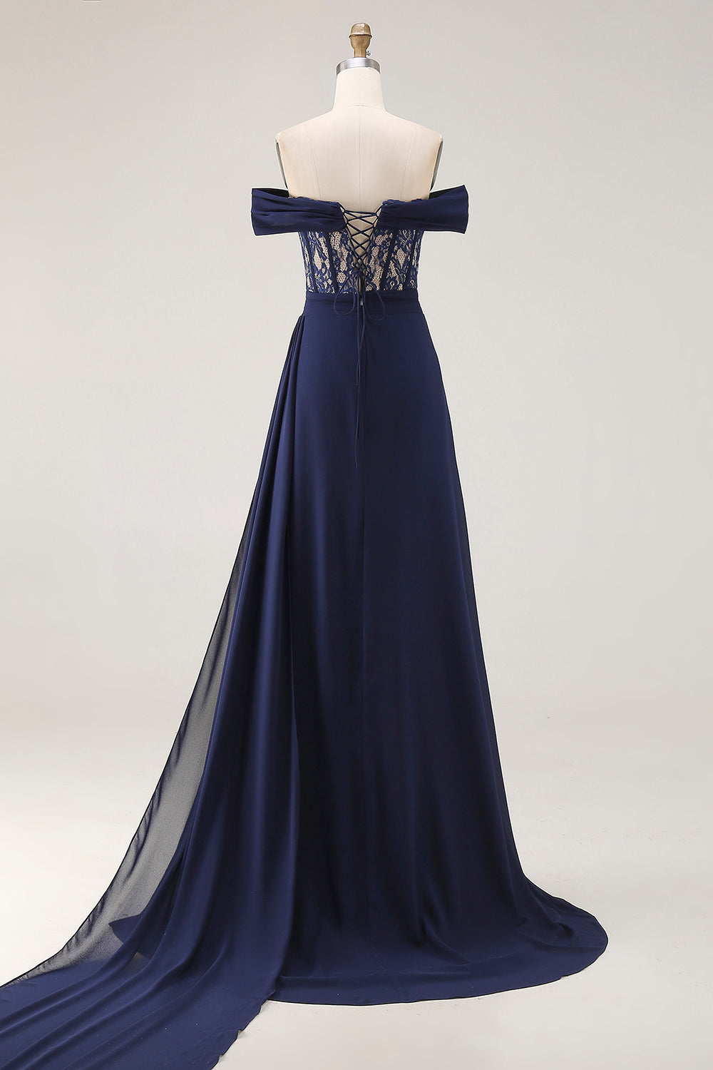 Off The Shoulder Navy Lace Ruched Corset Prom Dress