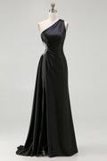 One Shoulder Cut Out Mermaid Black Tie Dress With Slit