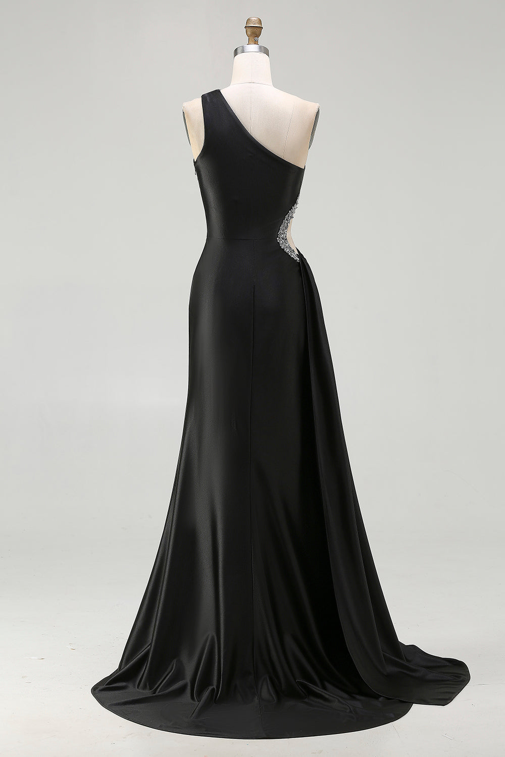 One Shoulder Cut Out Mermaid Black Tie Dress With Slit