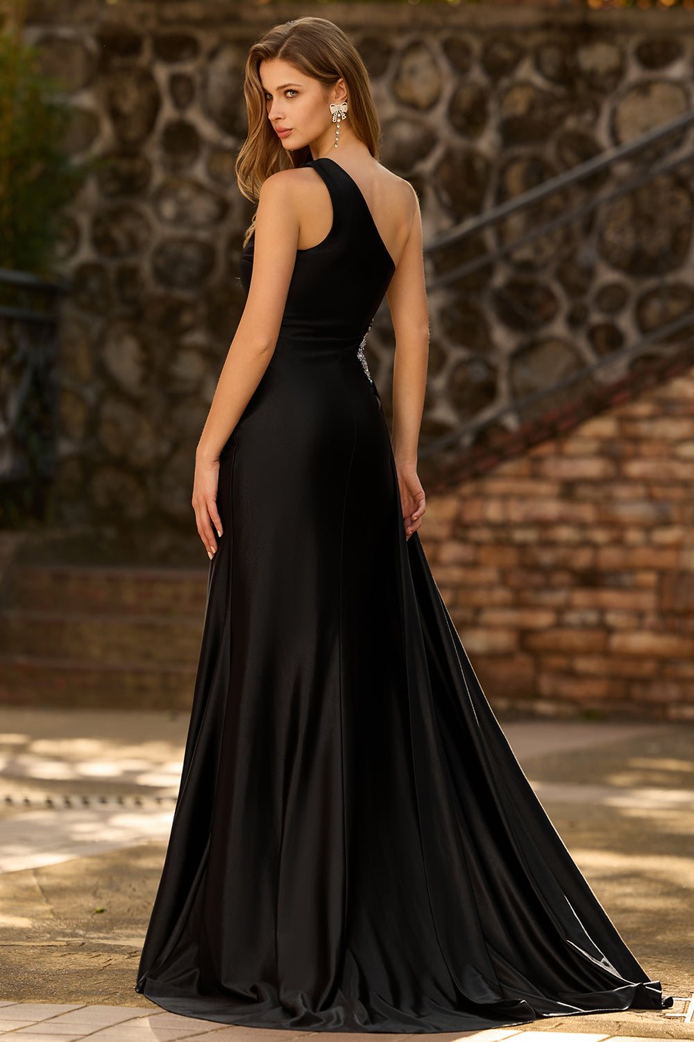 One Shoulder Cut Out Mermaid Black Tie Dress With Slit
