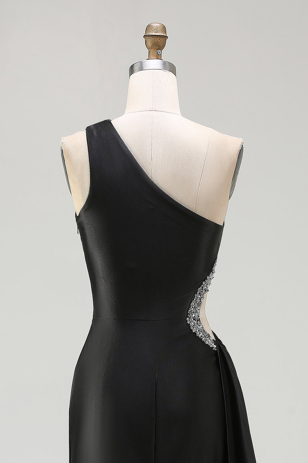 One Shoulder Cut Out Satin Black Tie Dress With Slit