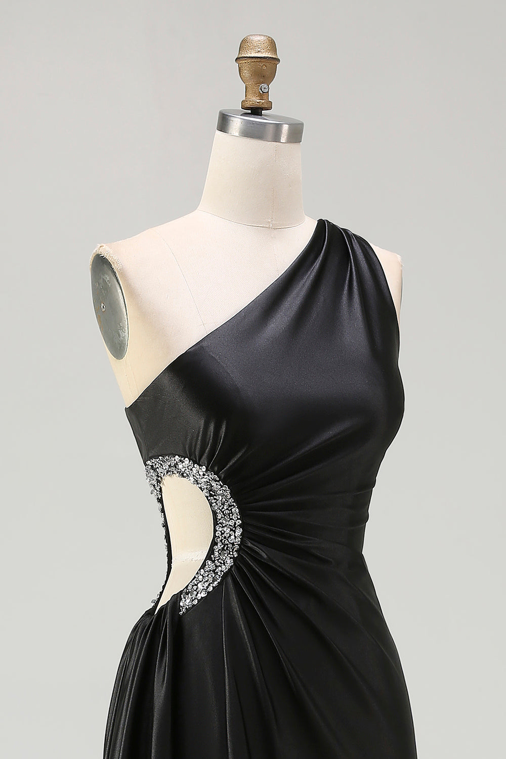 One Shoulder Cut Out Satin Black Tie Dress With Slit