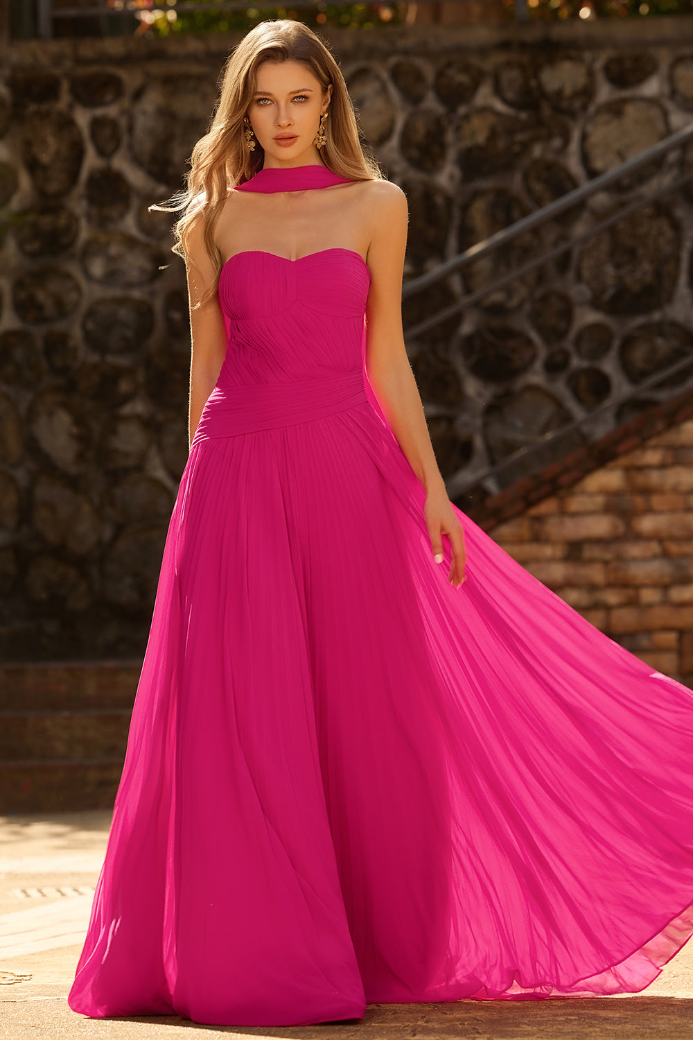 Fuchsia A-Line Strapless Pleated Prom Dress