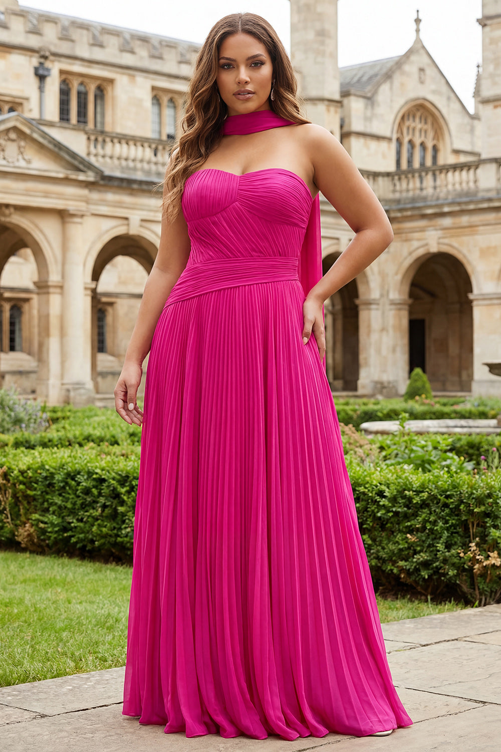 Strapless Plus Size Fuchsia A Line Pleated Prom Dress