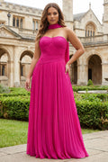 Strapless Plus Size Fuchsia A Line Pleated Prom Dress