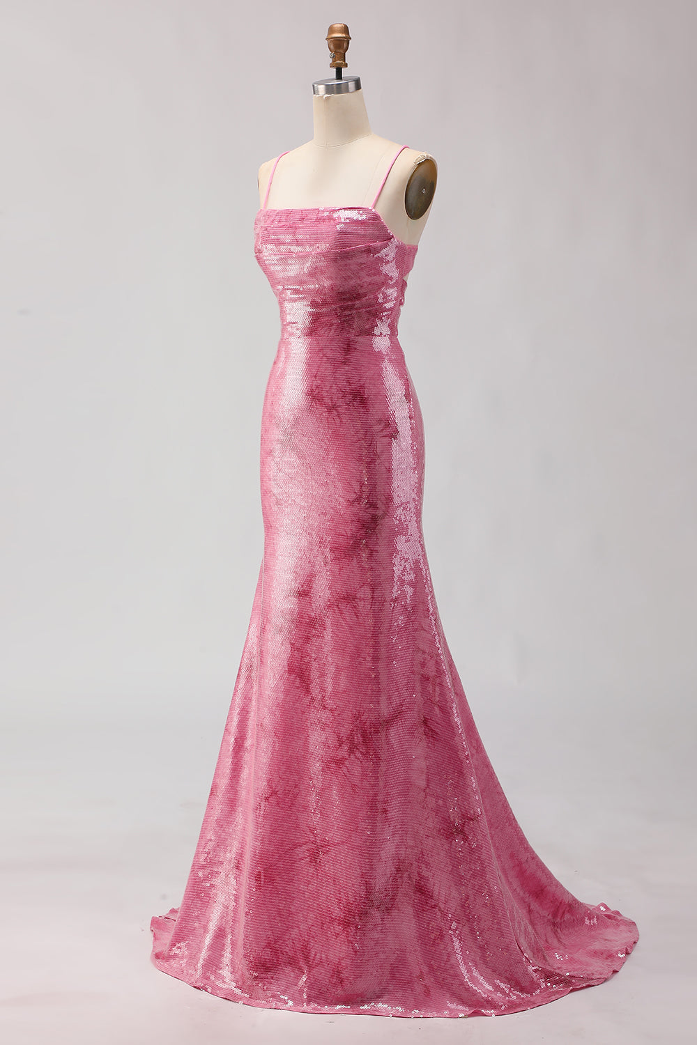 Pink Mermaid Sequin Prom Dress with Lace Up Back