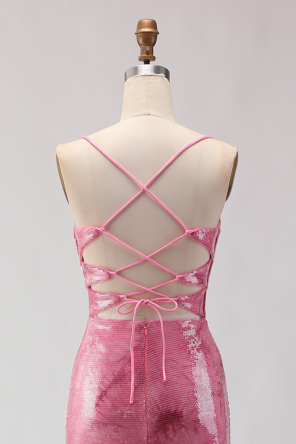 Pink Mermaid Sequin Prom Dress with Lace Up Back