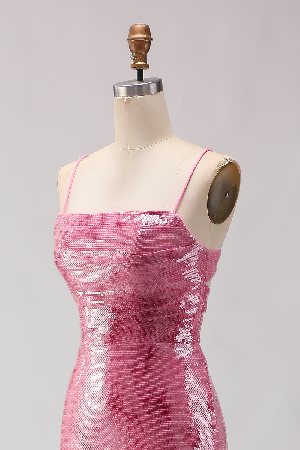 Pink Mermaid Sequin Prom Dress with Lace Up Back