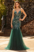 Sparkly Dark Green Mermaid Appliqued Maxi Prom Dress