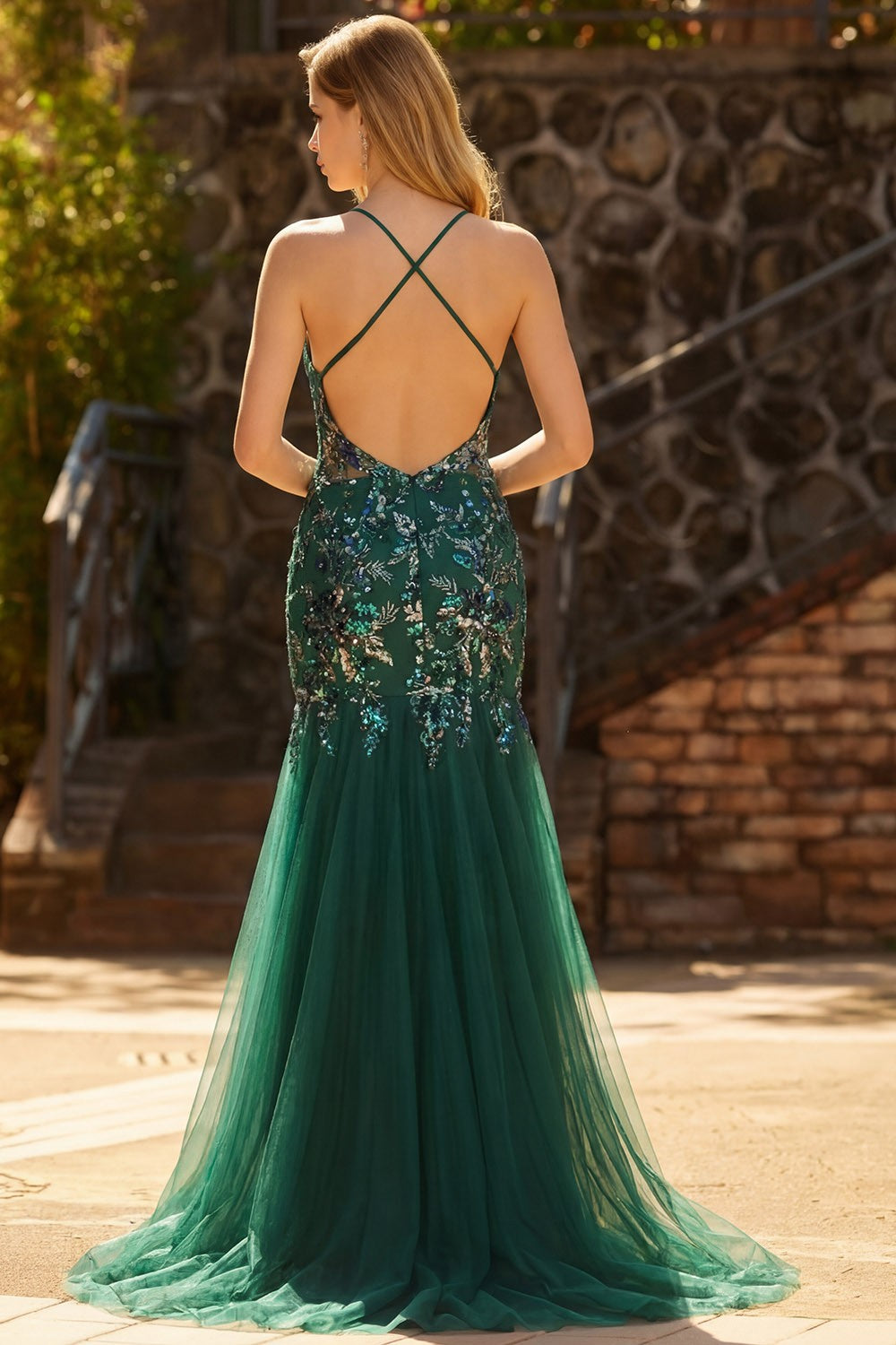 Sparkly Dark Green Mermaid Appliqued Maxi Prom Dress