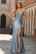 Mermaid Grey Blue Spaghetti Straps Embroidered Prom Dress