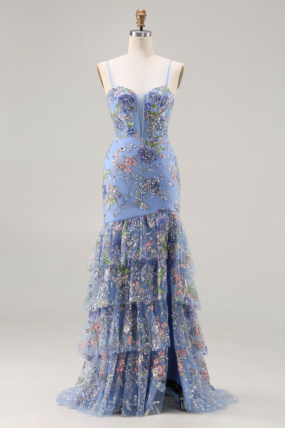 Blue Mermaid Floral Ruffled Sequin Prom Dress With Slit