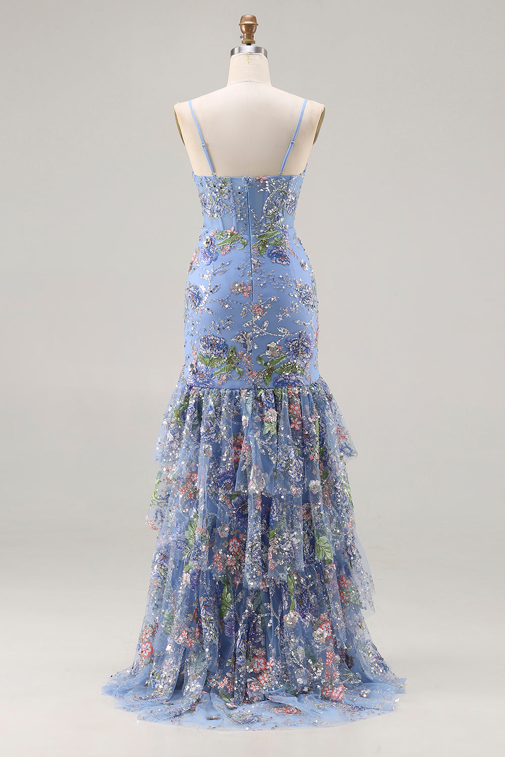 Blue Mermaid Floral Corset Sequin Prom Dress with Ruffles