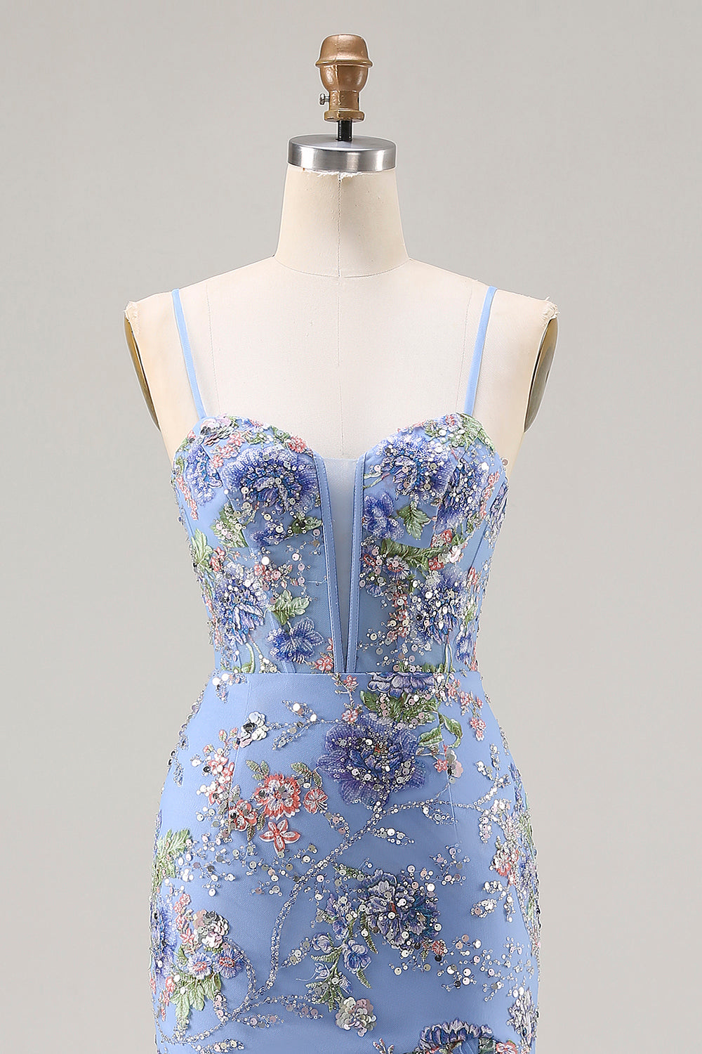 Blue Mermaid Floral Ruffled Sequin Prom Dress With Slit