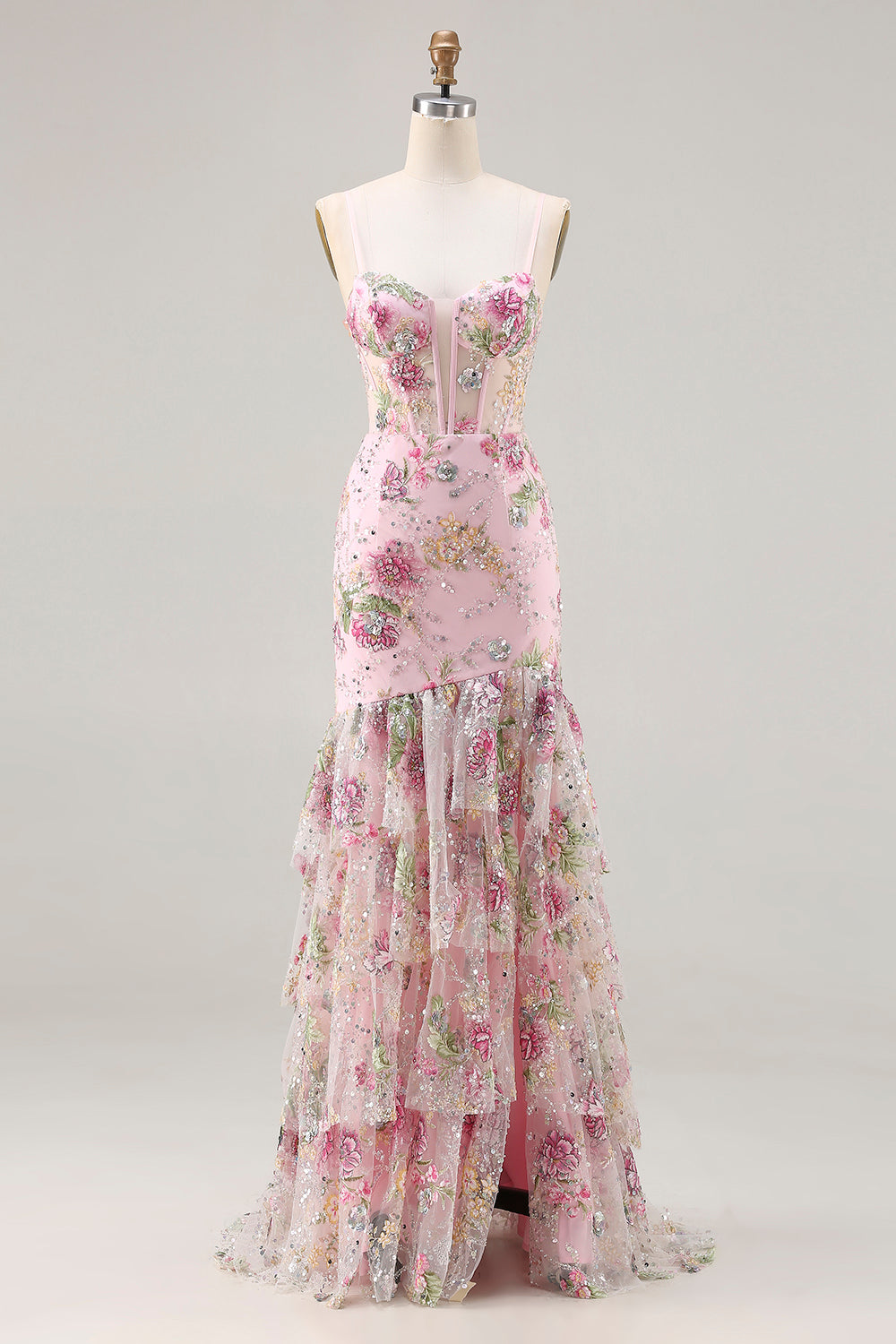 Blue Mermaid Floral Corset Sequin Prom Dress with Ruffles