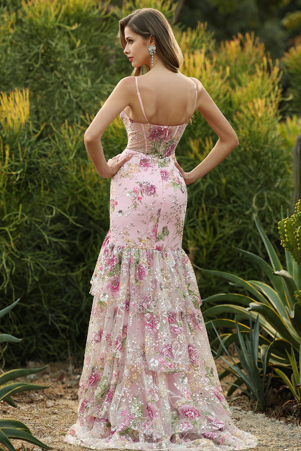 Blue Mermaid Floral Corset Sequin Prom Dress with Ruffles