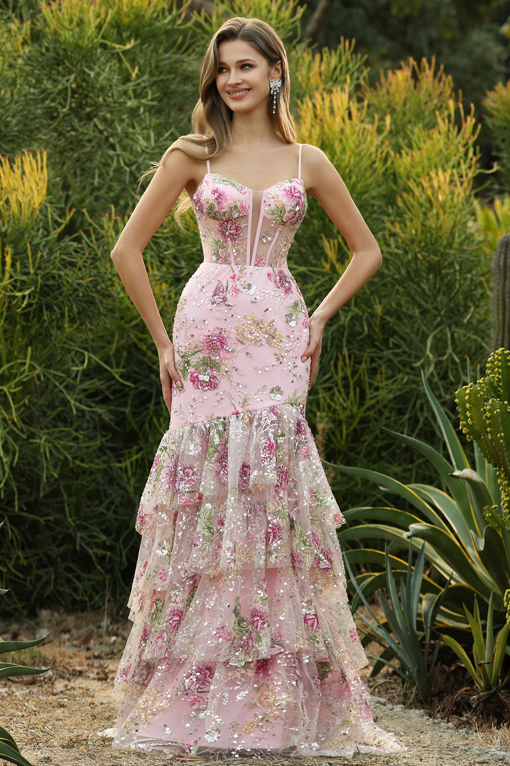 Blue Mermaid Floral Corset Sequin Prom Dress with Ruffles