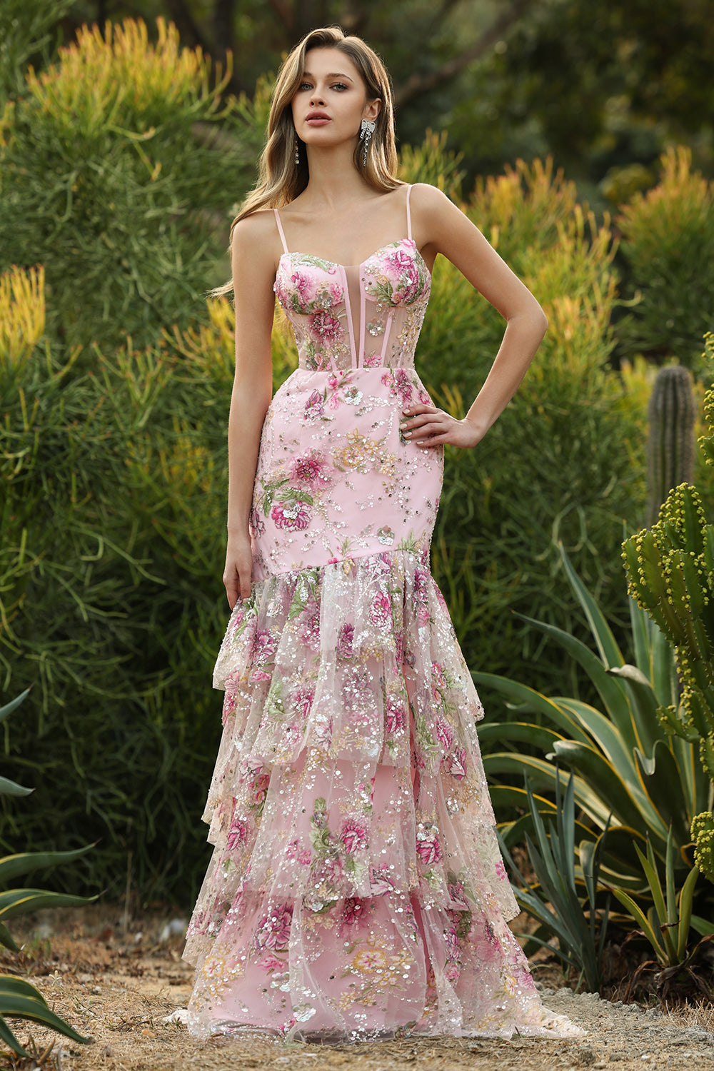 Pink Floral Tiered Mermaid Sequin Prom Dress with Ruffles