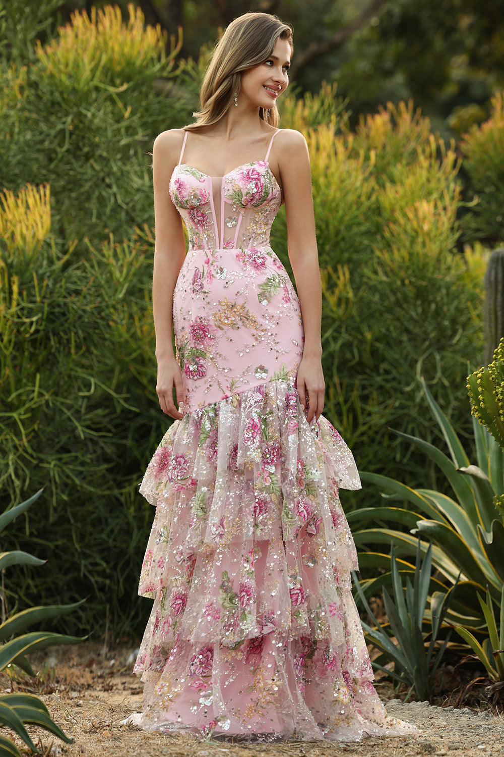Blue Mermaid Floral Corset Sequin Prom Dress with Ruffles