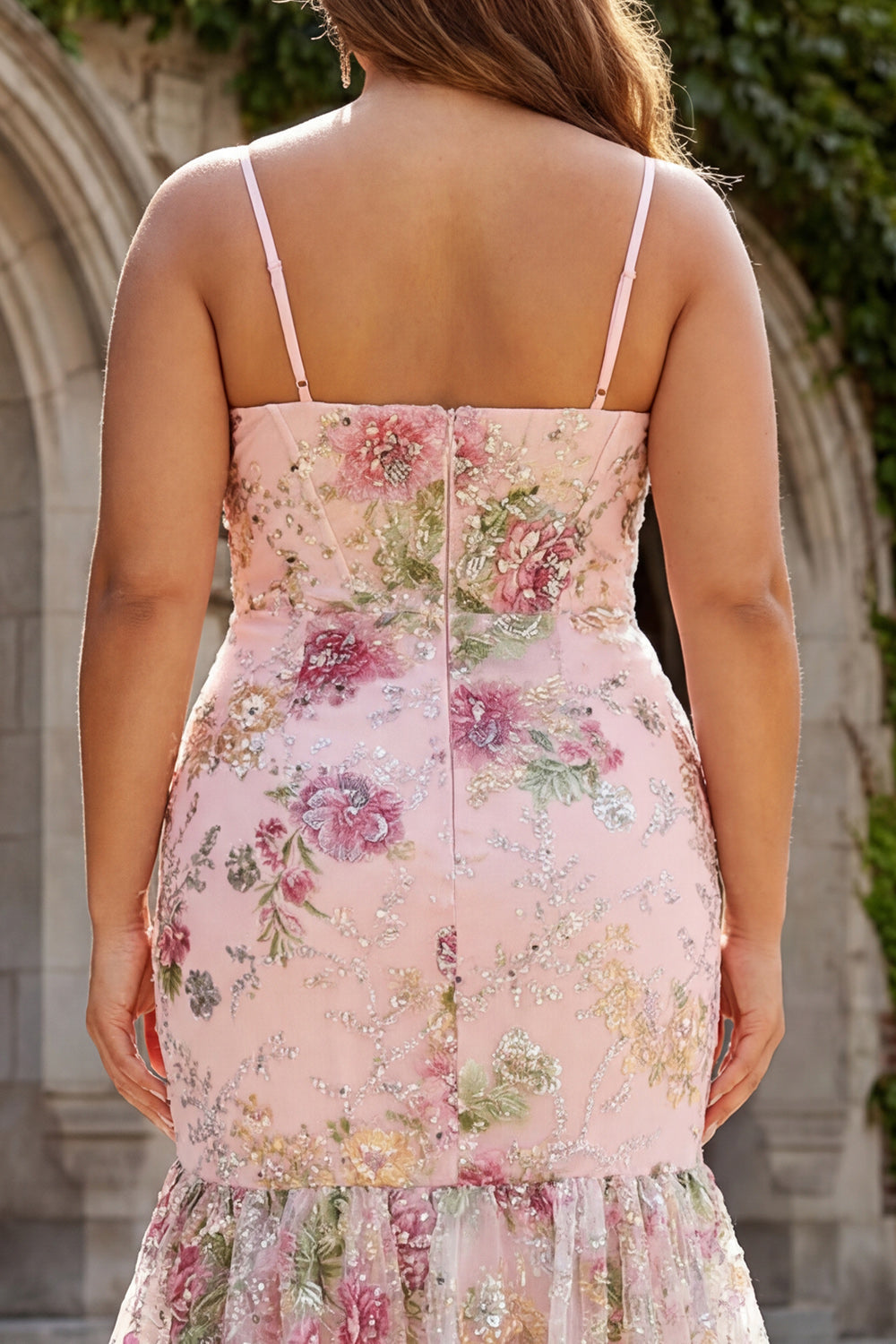 Pink Floral Plus Size Tiered Mermaid Sequin Prom Dress