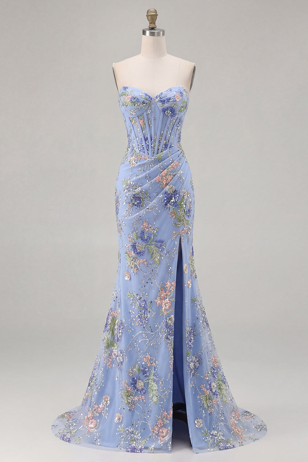 Sparkly Pink Floral Mermaid Strapless Corset Prom Dress