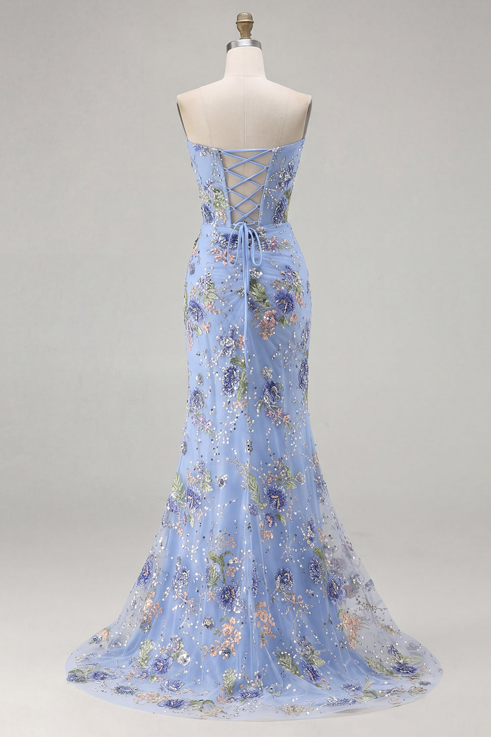 Sparkly Pink Floral Mermaid Strapless Corset Prom Dress
