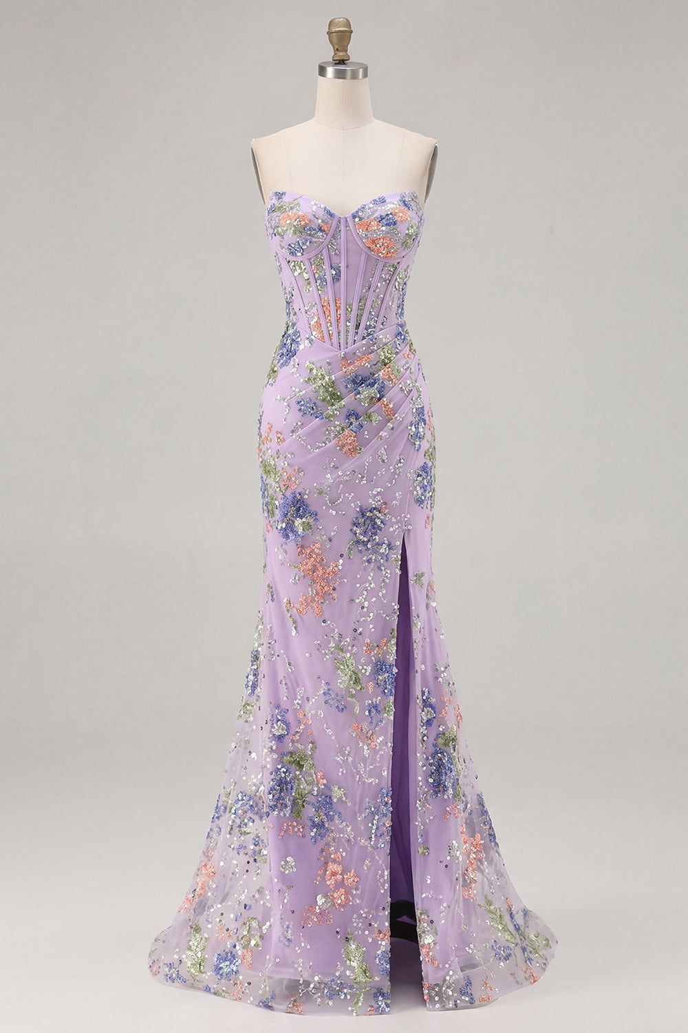 Sparkly Pink Floral Mermaid Strapless Corset Prom Dress