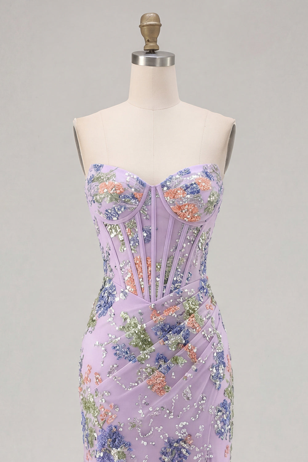 Sparkly Pink Floral Mermaid Strapless Corset Prom Dress