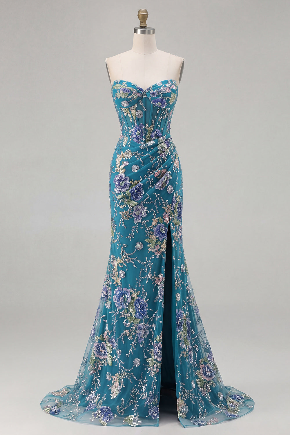 Sparkly Pink Floral Mermaid Strapless Corset Prom Dress