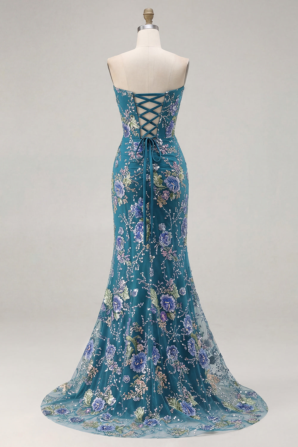 Sparkly Pink Floral Mermaid Strapless Corset Prom Dress
