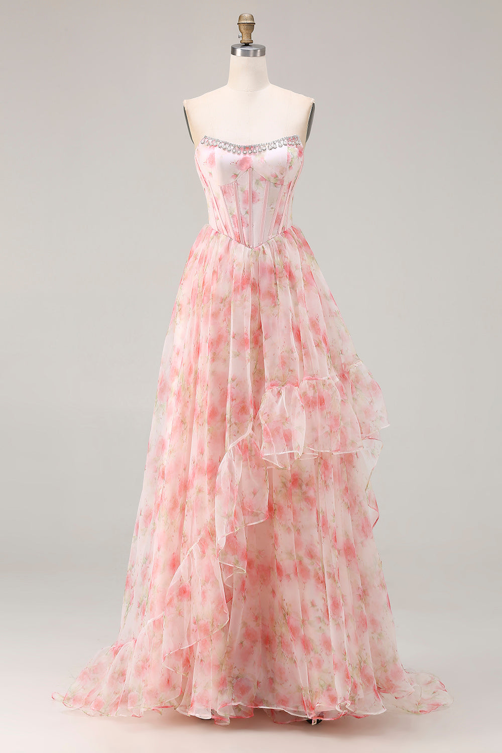 Pink Strapless A-Line Corset Floral Prom Dress With Ruffles