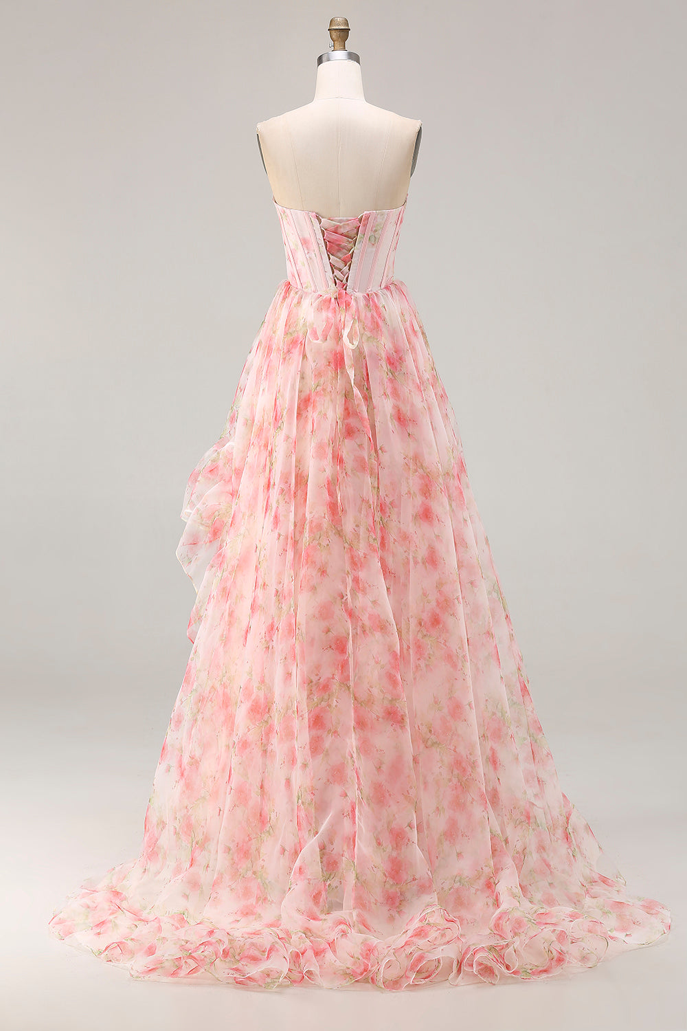 Pink Strapless A-Line Corset Floral Beaded Prom Dress
