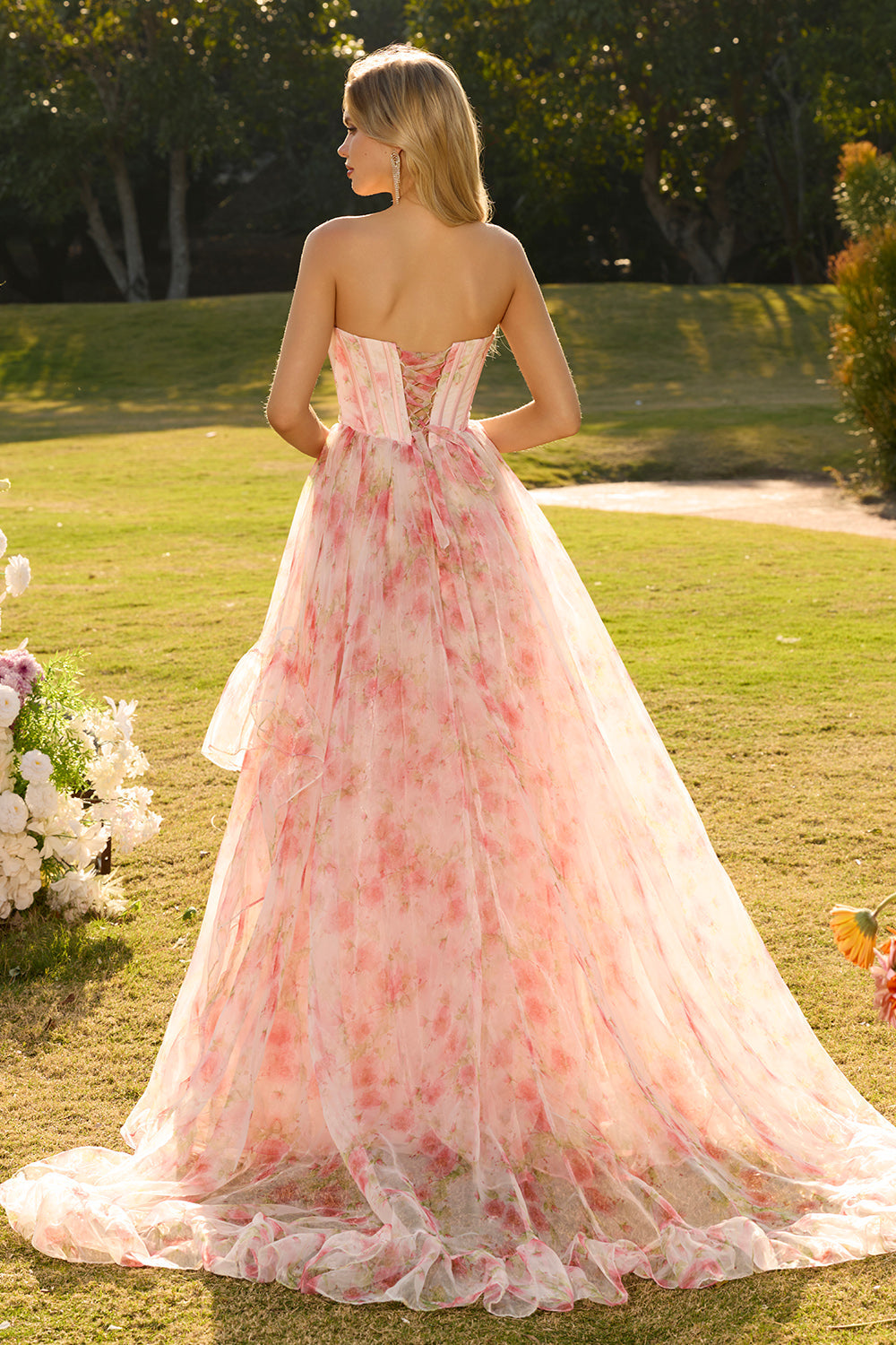 Pink Strapless A-Line Corset Floral Prom Dress With Ruffles