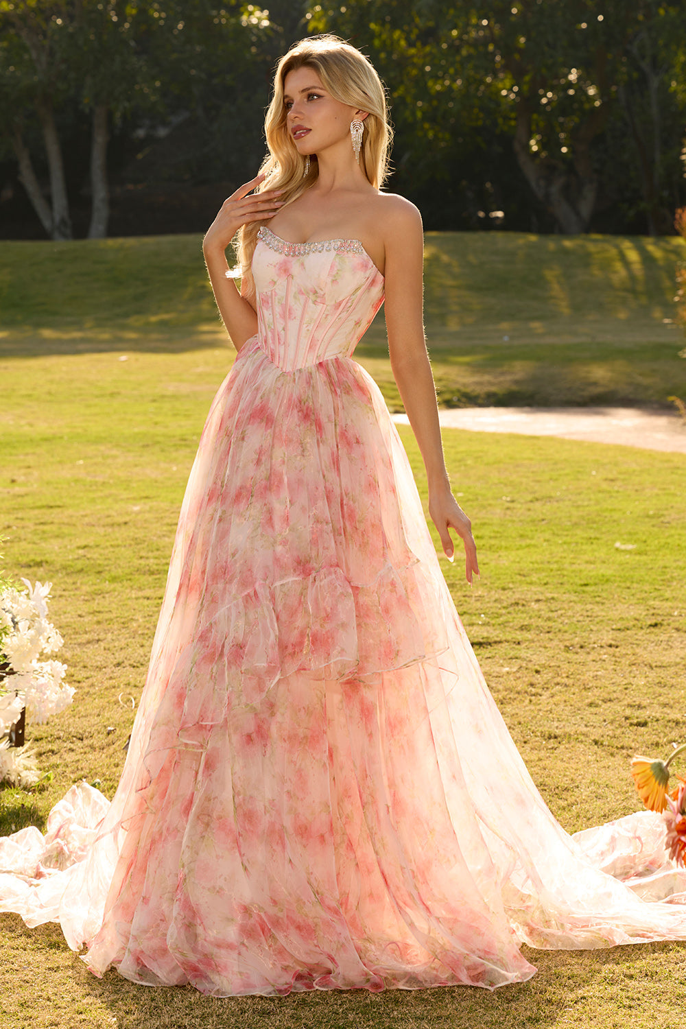 Pink Strapless A-Line Corset Floral Beaded Prom Dress