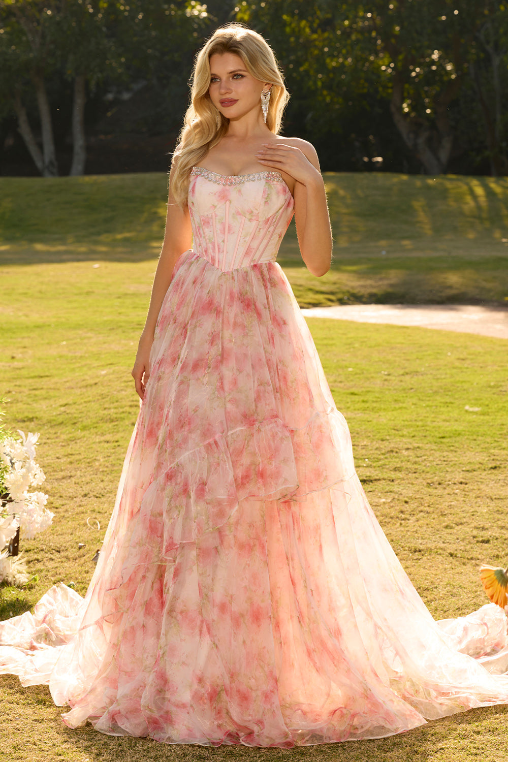 Pink Strapless A-Line Corset Floral Beaded Prom Dress