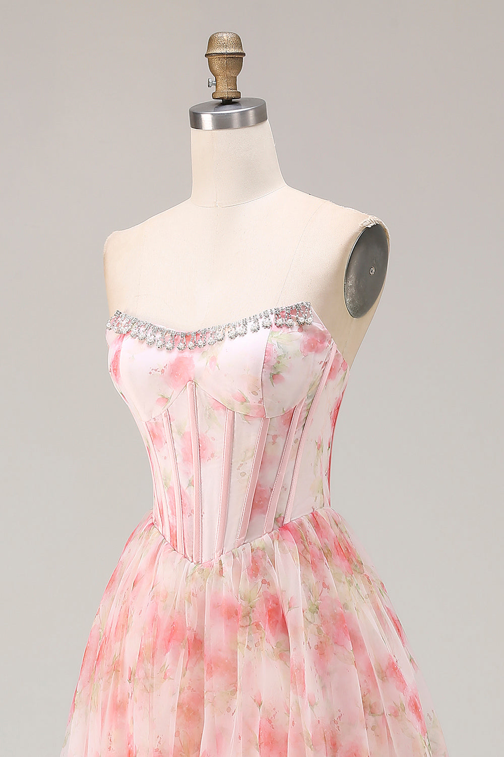 Pink Strapless A-Line Corset Floral Prom Dress With Ruffles