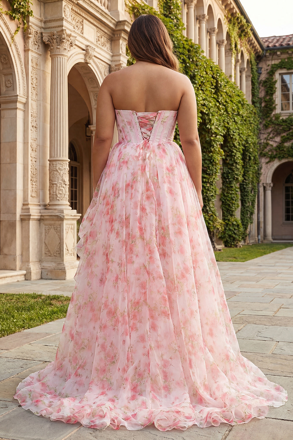 Strapless Plus Size Pink Floral A Line Corset Beaded Prom Dress