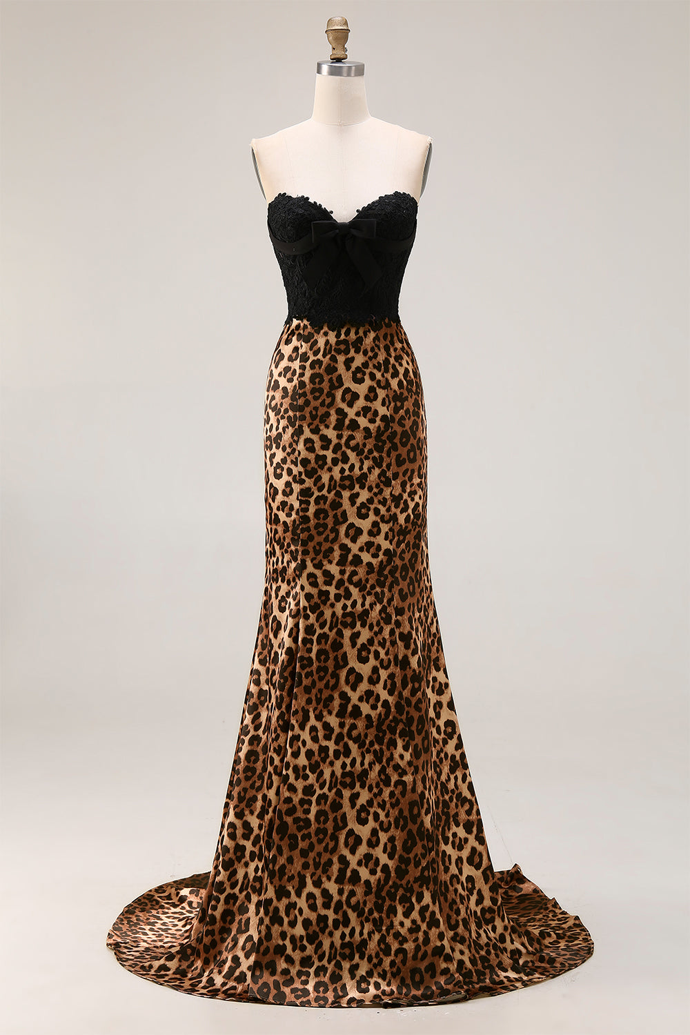 Mermaid Strapless Brown Leopard Bowed Prom Dress