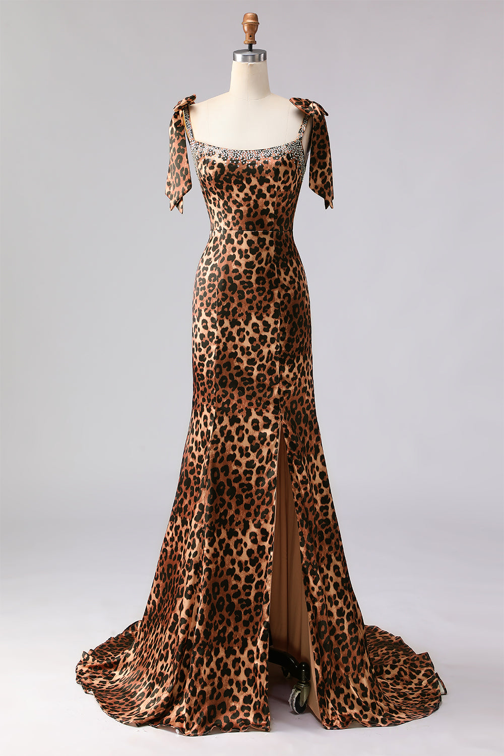Brown Leopard Mermaid Square Neck Prom Dress with Bow