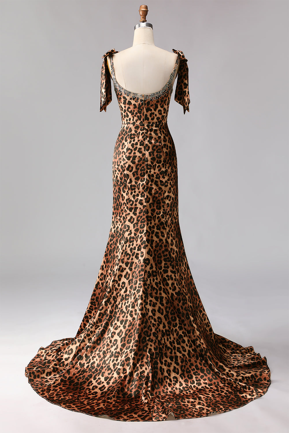 Brown Leopard Mermaid Square Neck Prom Dress with Bow