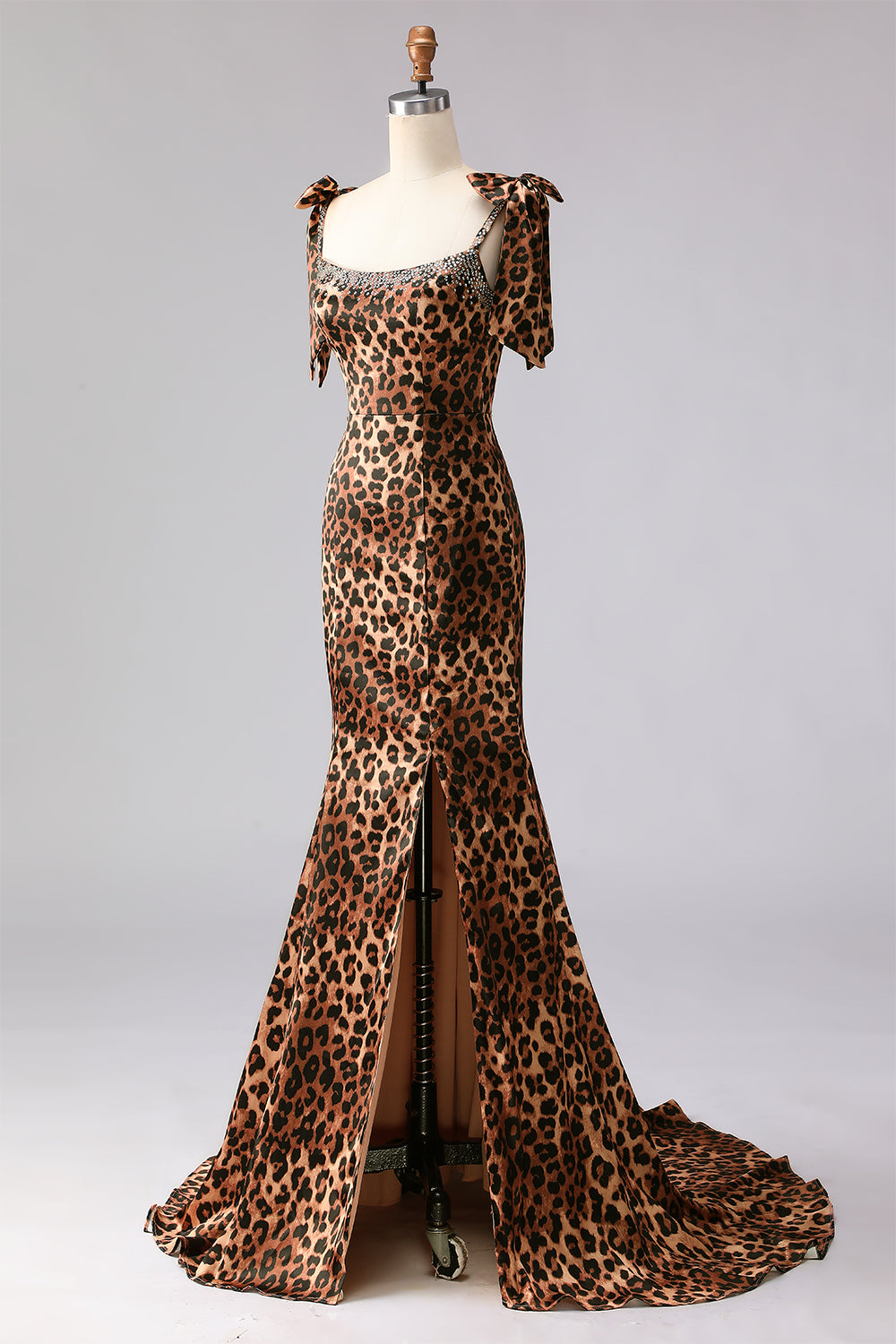 Brown Leopard Mermaid Spaghetti Straps Prom Dress With Slit