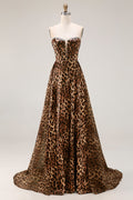 Strapless Brown Leopard A-Line Corset Prom Dress With Slit