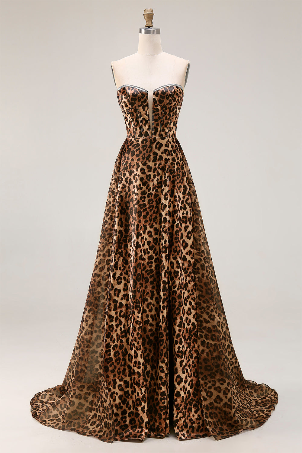 Strapless Brown Leopard A-Line Corset Prom Dress With Slit