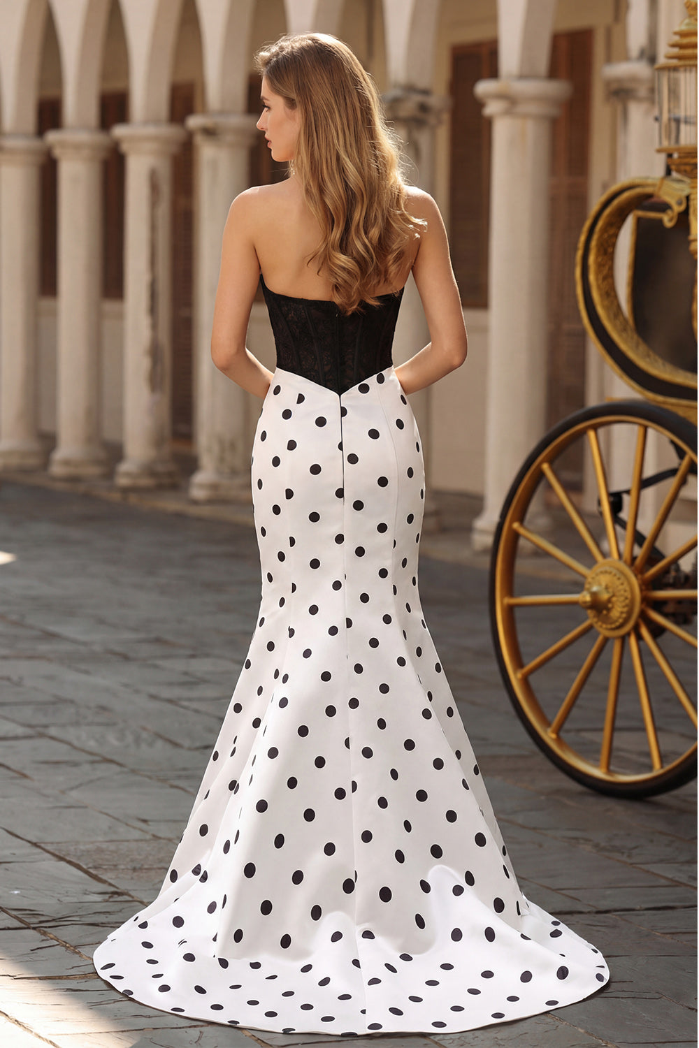 Black White Polka Dot Mermaid Strapless Cut Out Prom Dress
