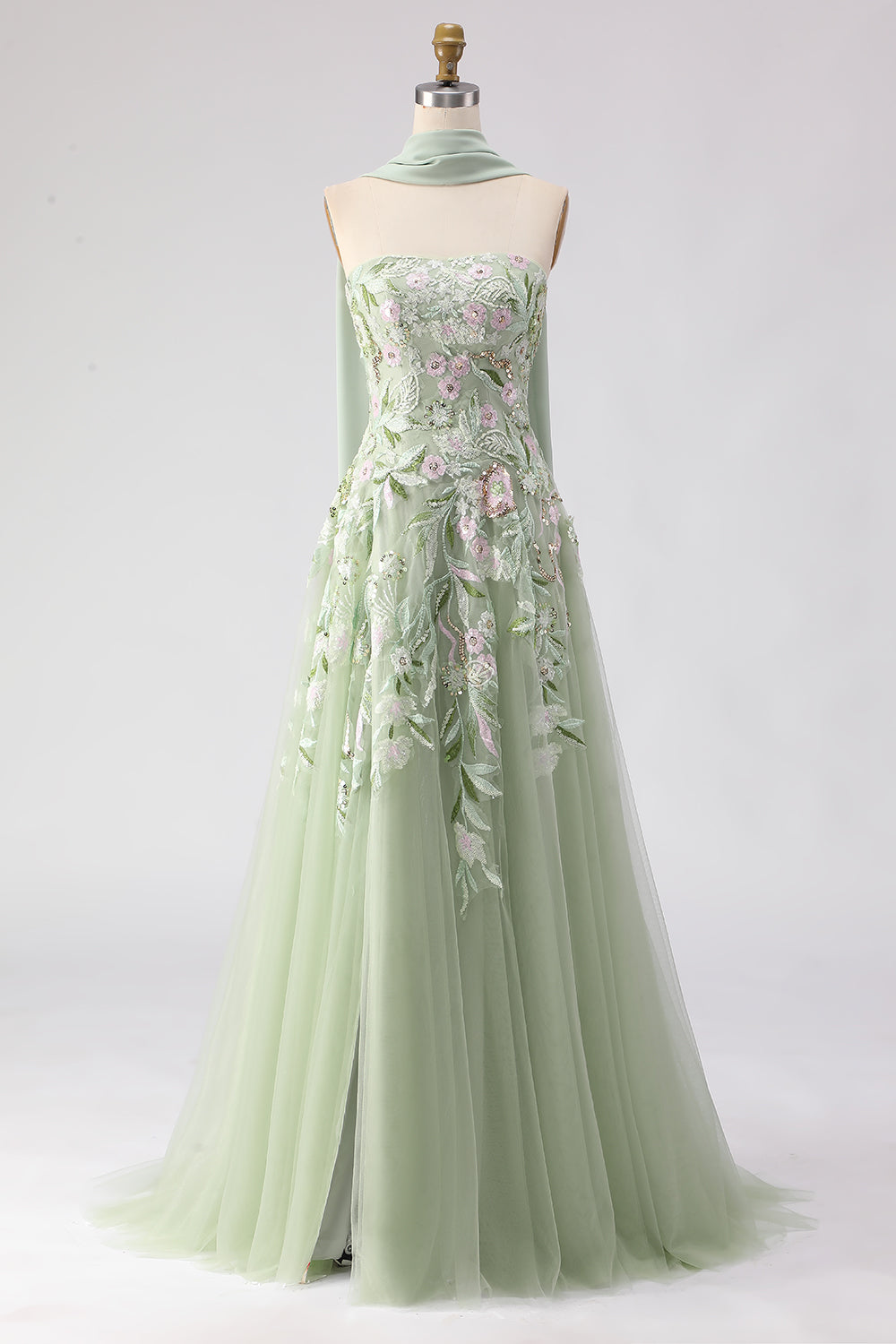 Strapless A-Line Dusty Sage Embroidered Prom Dress With Streamer